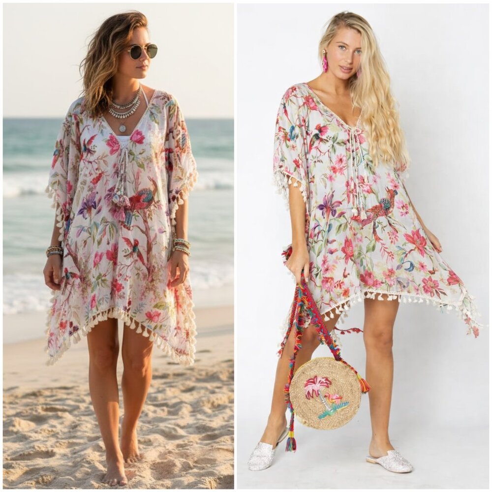 Z & L Europe Kaftan Poncho Tropical Floral Birds Tassel Fringe Swim Cover-Up O/S